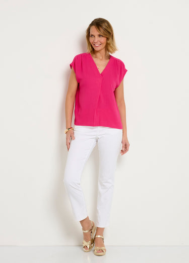Tunique col V manches kimono aspect gaufré Fuchsia