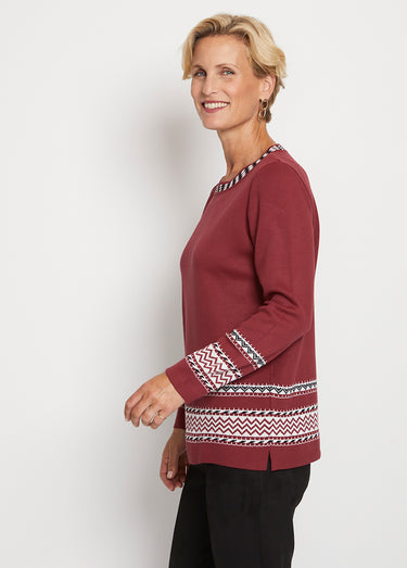 Pull-tunique doux mi-long jacquard col rond Bordeaux