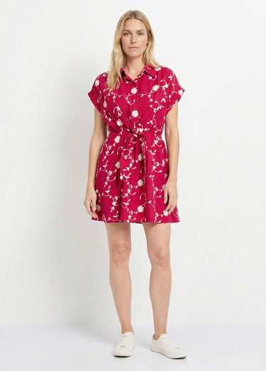 Robe courte taille nouée, fleurs brodées Fuchsia