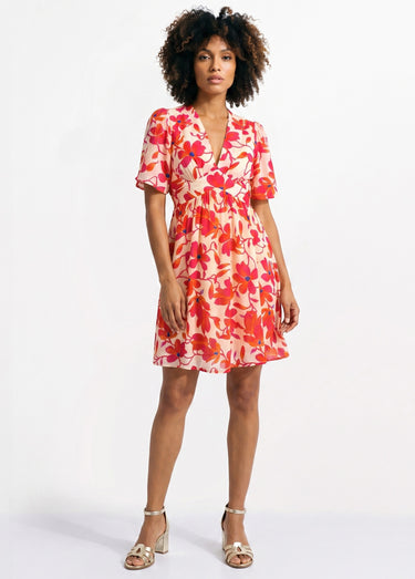 Robe élégante fleurie taille haute Rouge/Ecru