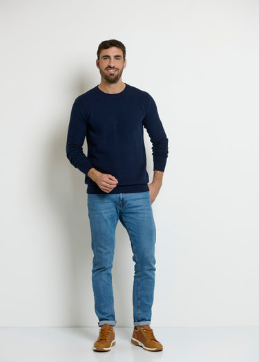Pull col rond maille piquée fantaisie Bleu Marine