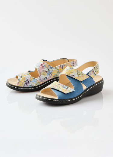 Sandales grande largeur cuir Imprime/Bleu