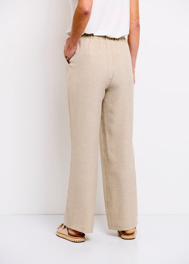 Pantalon large taille élastiquée aspect lin Beige