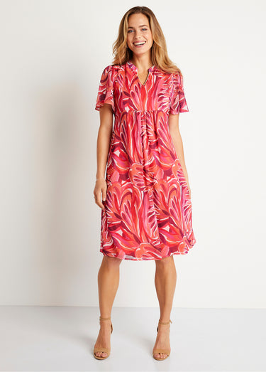 Robe courte évasée motif feuilles Fuchsia/Rose