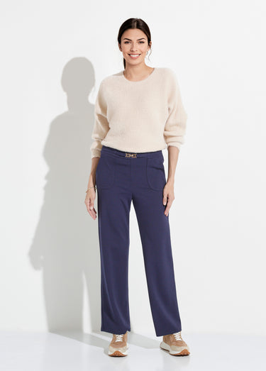Pantalon droit taille élastiquée ceinture bijou Marine