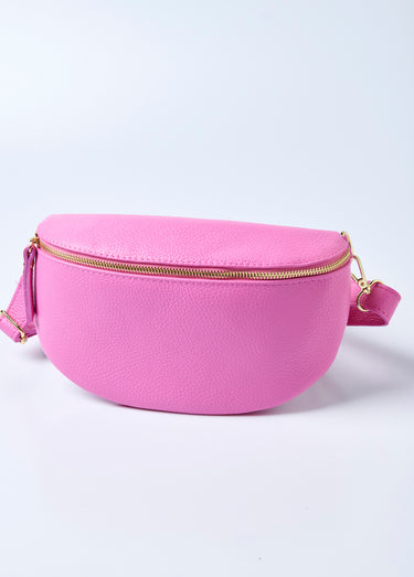 Sac banane zippé en cuir avec bandoulière Rose Vif