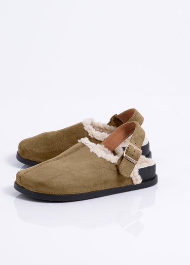 Mules fourrées en suédine, bride talon Kaki