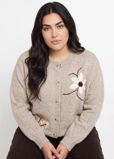 Gilet épais maille avec broderies fleurs Beige