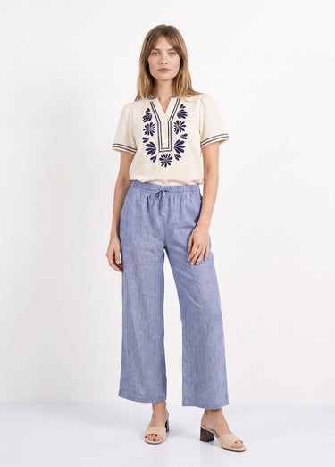 Pantalon large chiné élastiqué avec lin Bleu