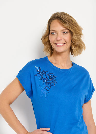 T-shirt coton uni sequins manches courtes Bleu Dur