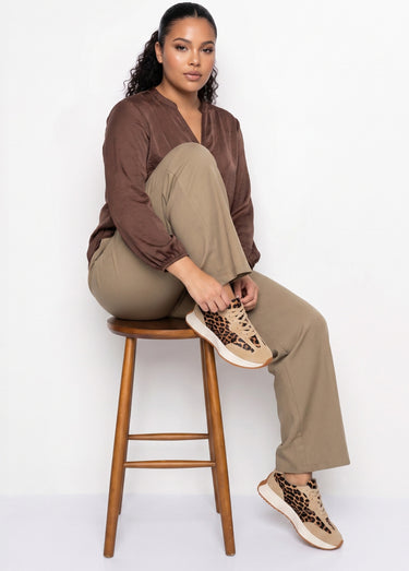 Pantalon large fluide taille élastiquée Beige