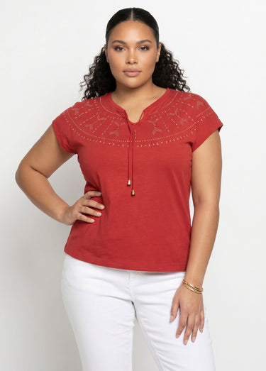 T-shirt court uni clouté maille flammée Paprika