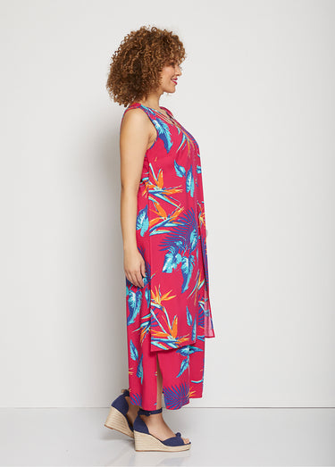 Robe mi-longue sans manches motif végétal Fond Framboise