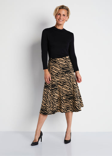 Jupe longue évasée maille jacquard Camel Zebre