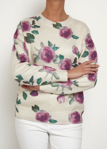 Pull maille métallisée, motif fleuri Ecru Imprime