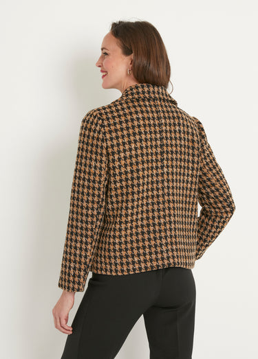 Veste boutonnée courte jacquard pied de coq Camel/Noir