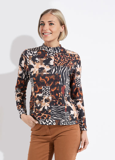 T-shirt col montant motif animalier maille chaude Noir/Orange