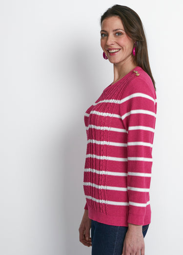 Pull rayures et boutons esprit marinière Framboise/Blanc