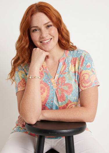 T-shirt long ample fleuri manches courtes Multicolore