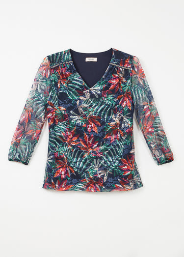 T-shirt col V maille dentelle imprimée Marine/Orange