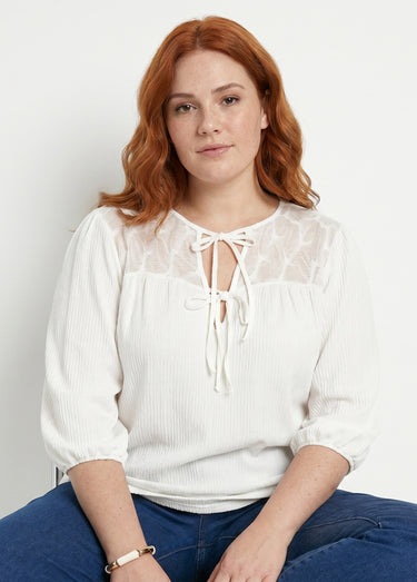 T-shirt col V à nouer manches 3/4 voile Blanc