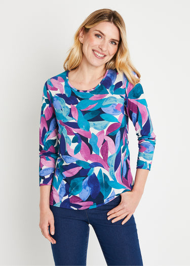 T-shirt fluide court imprimé floral col rond Bleu/Rose