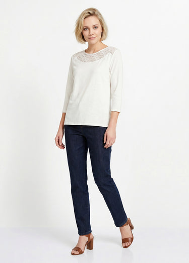 T-shirt coton et dentelle manches 3/4 Blanc