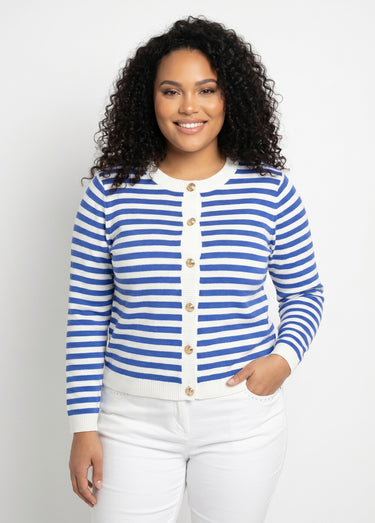 Gilet cardigan court col rond rayé boutonné Raye Bleu