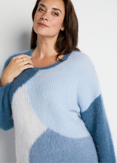 Pull doux colorblock maille poilue Bleu / Écru
