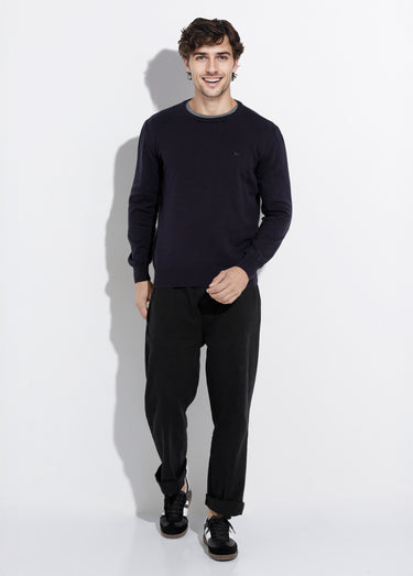 Pull fin coton, col rond manches longues Bleu Marine