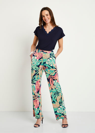 Pantalon large ceinture élastiquée feuillage Vert/Rose