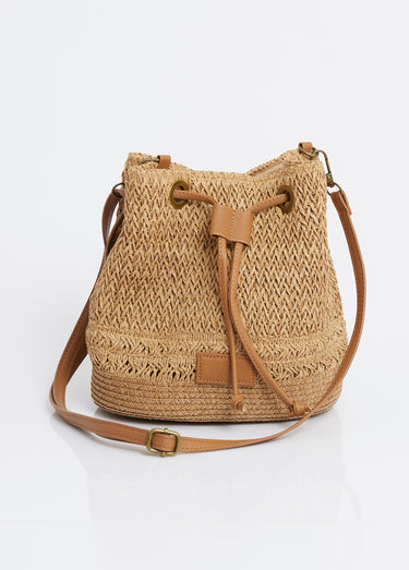 Mini sac seau en paille ajourée Taupe