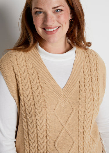 Pull col V sans manches maille fantaisie Beige