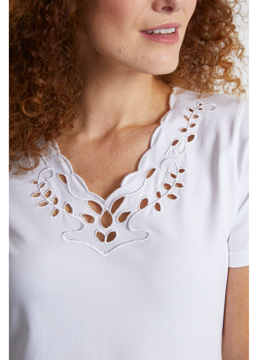 T-shirt col V ajouré brodé Blanc