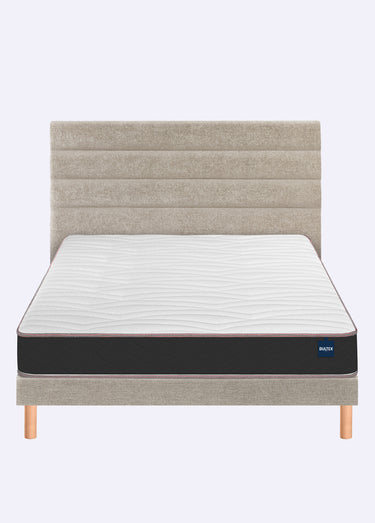 Sommier tapissier 14cm à lattes + pieds hêtre 17cm Chenille Beige