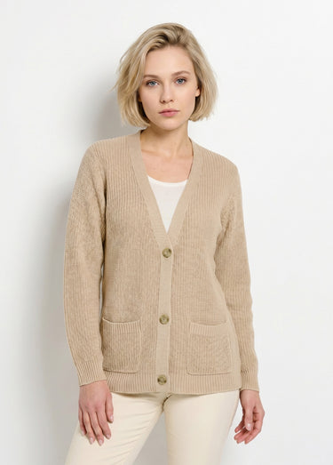 Gilet long boutonné brillant manches longues Ficelle