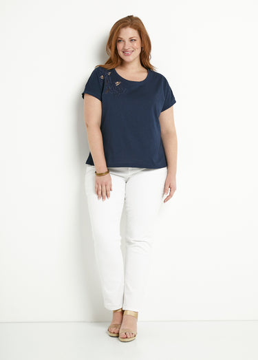 T-shirt brodé ajouré manches courtes Marine