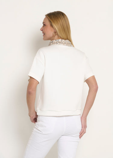 Blouse col pailleté sequins manches courtes Blanc