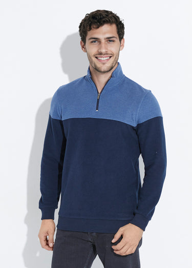 Pull bicolore doux, col montant 1/2 zip Bleu