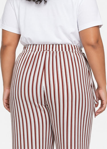 Pantalon rayé ceinturé, fils métallisés Marron/Ecru