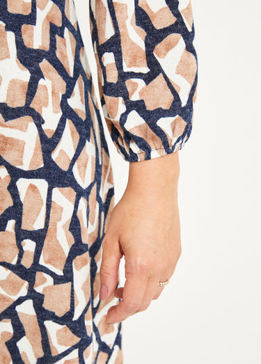 Robe courte maille graphique col V Bleu/Camel