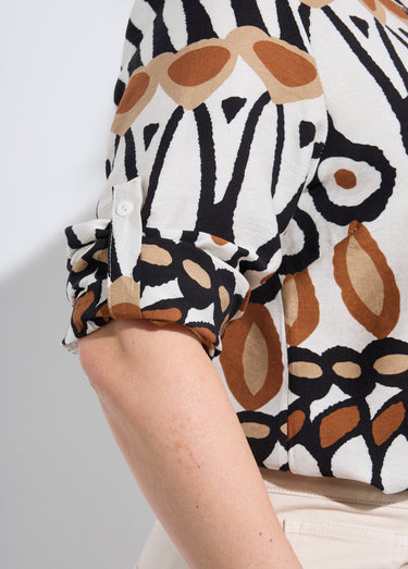 Blouse col V boutonné, imprimé ethnique Imprime Marron