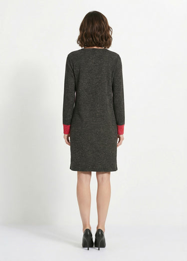 Robe courte droite maille chaude col rond Noir/Rouge