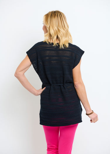 Pull-tunique de plage long ajouré col V coton Noir