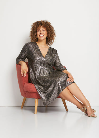 Robe scintillante encolure cache-coeur Noir/Dore