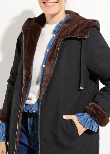 Parka réversible fourrure, avec capuche Noir