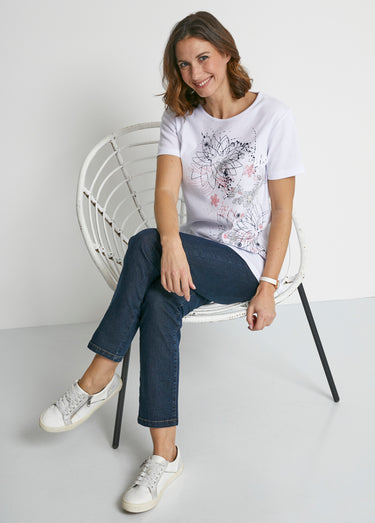 T-shirt long motif fleuri fentes côtés Blanc