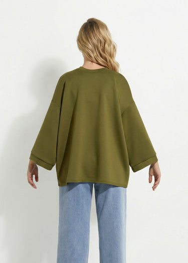 Sweat shirt large col rond, manches 3/4 Vert Olive
