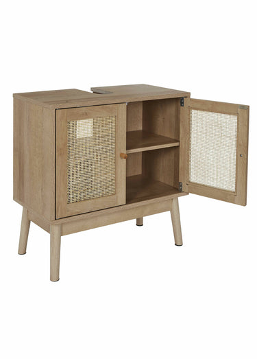 Meuble sous vasque, en bois et cannage Marron