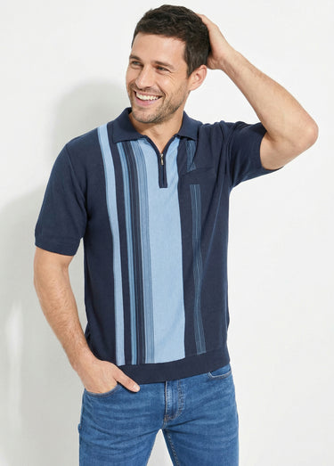 Polo zippé manches courtes rayures jacquard Marine